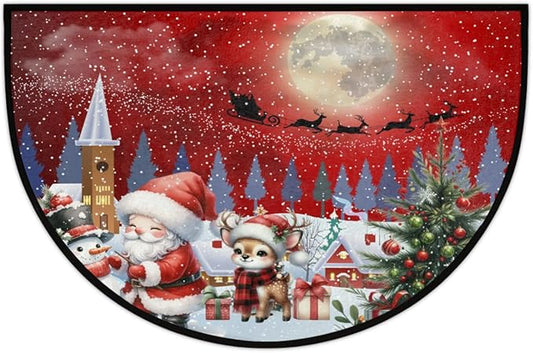 Christmas Half Round Door Mat, Merry Christmas Snow Scene Santa Elk Semicircle Door Mats, Non Slip Area Rug Soft Doormat for Indoor Entrance Wear Resistant Welcome Mat for Garage Patio Home 24 x 36 In