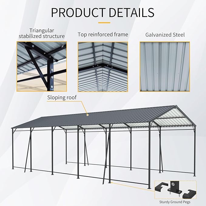 Carport, Heavy Duty Carport with Galvanized Steel Roof and Frame, Metal Large Garage with 4 Fixed Inclined Square Tube Supports (13 * 26.5 FT)