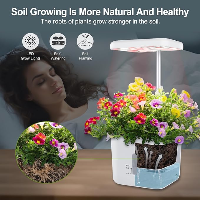 Indoor Garden Planter Growing Systems Soil plant pot indoor Small Smart Soil Gardening System with 17 Watts LED Grow Light Auto Timer Self-Watering Planter Pot Gifts for Mom Women (No Seeds&Soil)