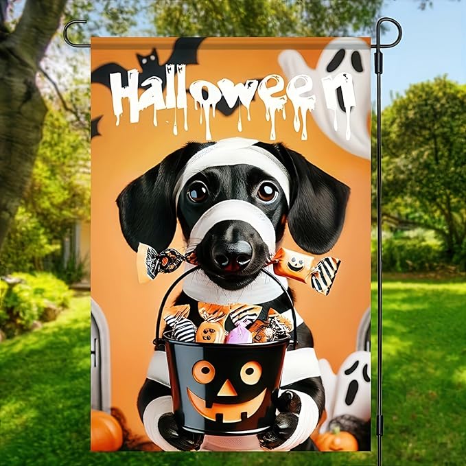 Halloween Garden Flags for Outside 12x18 Inch Double Sided Trick or Treat Dachshund Garden Flag Halloween Dog Skeleton Decorations Small Halloween Outdoor Yard Flag