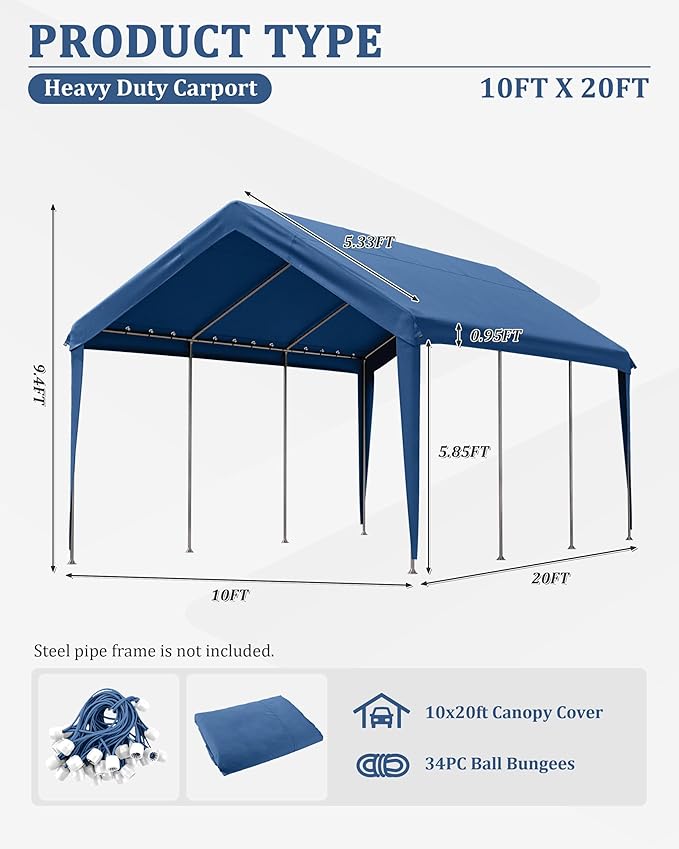 10 X 20 Ft Canopy Replacement Cover Heavy Duty Waterproof UV & Tear Resistant Car Tarp Canopy Tent Garage Top Shelter Oxford Cover with Ball Bungees (Frame is Not Included)