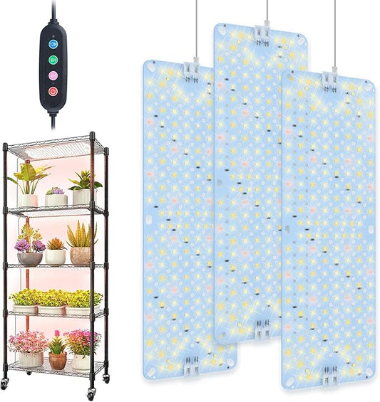 3Pack 2025 Ultra-Thin Panel Grow Lights for Seed Starting, Vegetables, Greenhouse & Under Cabinet & Shelf Plants with Timer 4/8/12H, Free Connect Full Spectrum Indoor LED Plant Growing Lamps