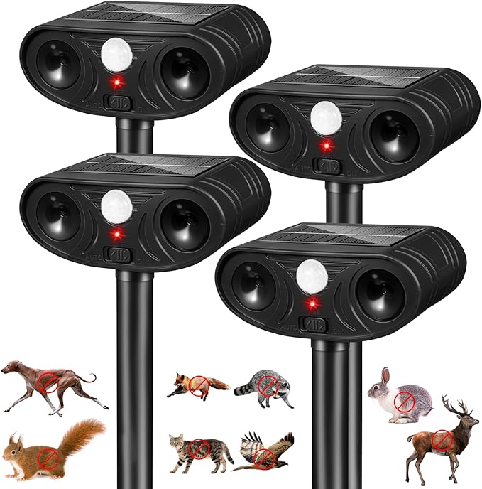 Solar Ultrasonic Animal Repellent Outdoor, Deer Repellent Devices, Waterproof Cat Rabbit Repeller with Motion Detection Flash Light to Deterrent Squirrel Dog Skunk Raccoon for Garden Yard Farm(4Pack)