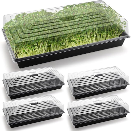 5-Pack 1020 Seed Trays with Humidity Domes - Reusable Heavy Duty Plant Propagation Trays, 3.6" 1020 Clear Greenhouse Covers & Handle for Seedlings, Cloning, Microgreens (No Holes Design)