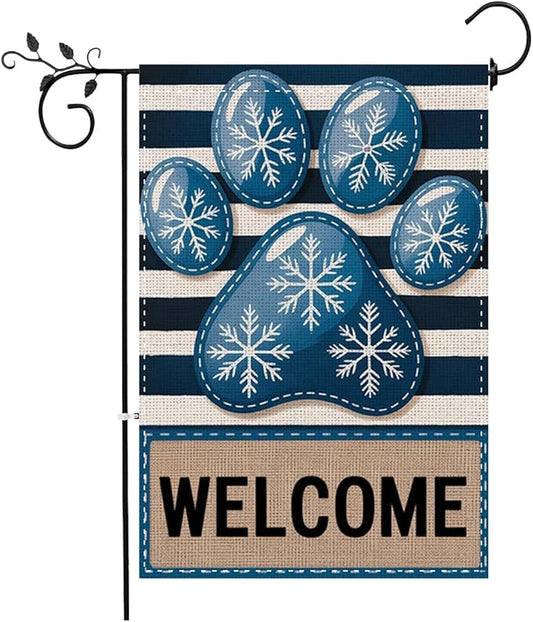 Fokongna Winter Welcome Garden Flag, Dog Paw Print Winter Christmas Decor Garden Flag, 12x18 Inch Burlap Vertical Double Sided Flags, for Home Yard Outside Decorations