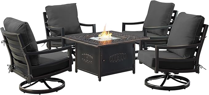 Oakland Living Black Aluminum Patio Fire Table Set with Four Club Chairs with Black Cushions