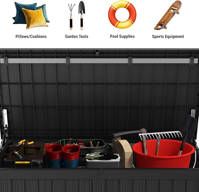 Mars Villa 150 Gallon Outdoor Storage Box Waterproof, Large Resin Deck Box for Outdoor Patio Furniture Cushions, Pool Supplies, Garden Tools, with Hydraulic Hinge, UV-Resistant and Weatherproof, Black