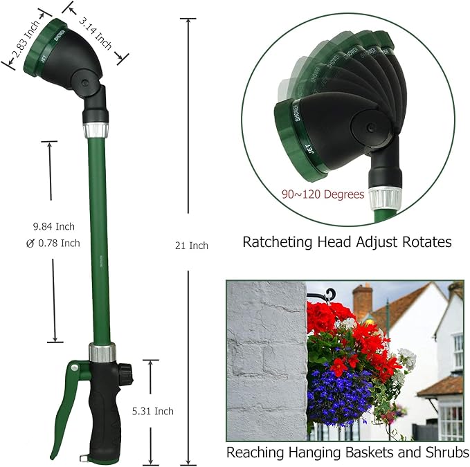 Heavy Duty 21 Inch Watering Wand with Pivoting Head, Adjustable Water Sprayer Wand with Ergonomic Handle, Spray 6 Watering Patterns, Perfect for Watering Hanging Plants
