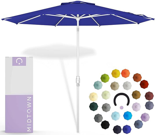 Midtown Umbrellas The Swilt 8 Feet Patio Umbrella in Terylast Midnight (Royal Blue) Polyester Fabric - Fiberglass Ribs, Auto-Tilt Aluminum Frame For Backyard, Deck, Garden, Pool - White Pole