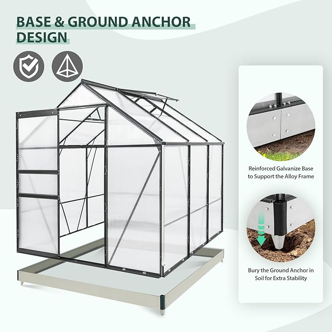 EAGLE PEAK 6x6x7 Outdoor Walk-in Hobby Greenhouse with Adjustable Roof Vent and Rain Gutter, Base and Anchor, Polycarbonate Aluminum Green House for Backyard Garden, Gray