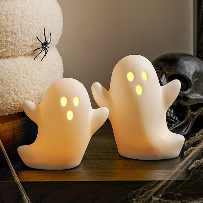 WDS WONDROUS Halloween Decorations Light Up Ghost Figurines Set of 2, White Floating Ghost Statues with LED, Ceramic Cute Halloween Figurines Decor for Tabletop Shelf Mantel Desk Indoor