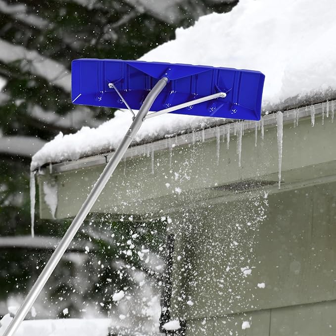 Gisafai Snow Roof Rake Snow Removal Tool with 5 Section Tubes 25 Inch Blade Adjustable 4.8-20 ft Reach Aluminum Shovel Rugged Slide for Single Cabins Car Roof(Dark Blue)
