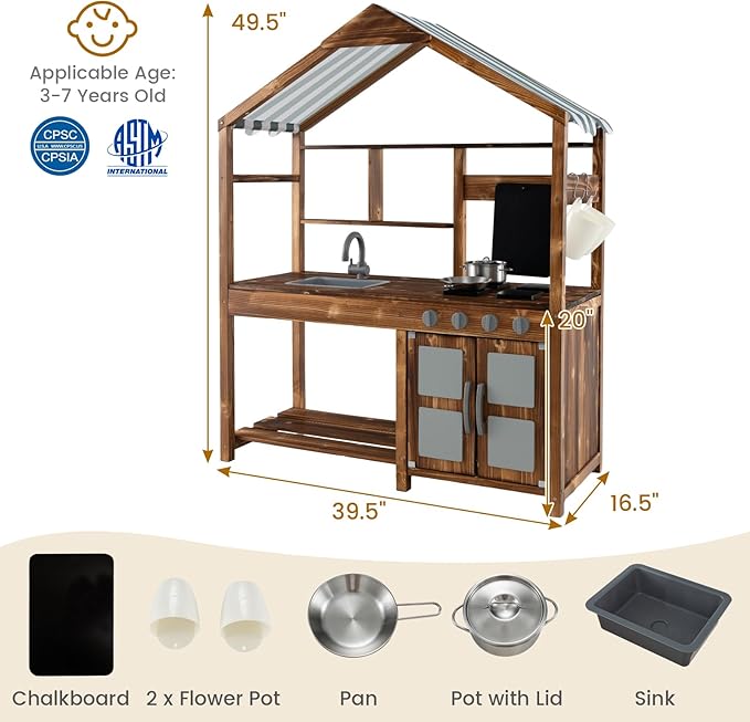 HONEY JOY Mud Kitchen with Canopy, Fir Wood Play Kitchen for Toddlers, Garden Sink, Stoves, Chalkboard, Storage Cabinet, Flowerpot, Outside Kitchen Playset, Mud Kitchen for Kids Outdoor Backyard