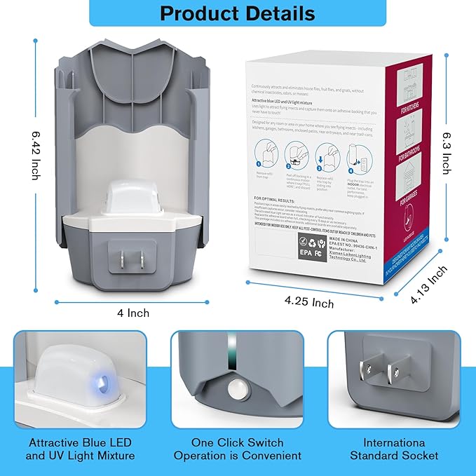 2 Flying Insect Traps & 2 Refill Glue, Fly Trap Indoor, Gnat and Fruit Fly Catcher for House, Mosquitoes, Moths & More, UV Blue Light, Safe & Mess-Free