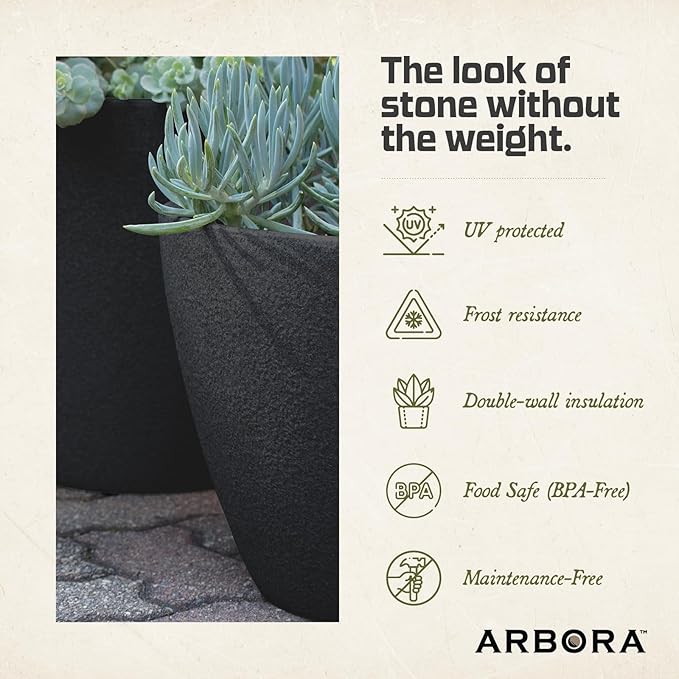 ARBORA 20" Valencia Polyresin Indoor and Outdoor Planter with Classic Black Finish - Durable, Weatherproof, Lightweight, Large Plant Pot for Patio, Garden, Deck, Entryway