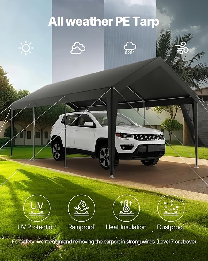 VEVOR Carport, 10 x 20 FT Outdoor Car Canopy, Potable Carport, Heavy Duty Galvanized Car Shelter, UV-Resistant & Water-Resistant, All-Season Protection, Storage Shed for Car Boat Motorcycle Grey