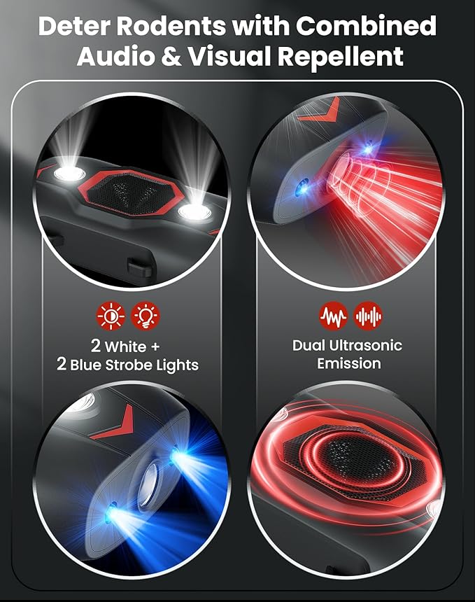 Ultrasonic Rodent Repellent for Car Engines, Under Hood Mouse Repellent with 4 LED Strobe Lights, USB Powered, Keep Rats, Mice and Squirrels Away from Vehicles, RVs, Garages, Attics (1, Black)