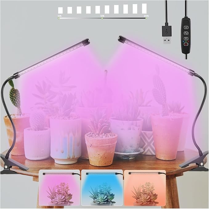 Sunny Power Clip On Grow Lights for Indoor Plants Full Spectrum, Adjustable 6000K LED Plant Lights for Indoor Growing with Auto Timer & 3 Lighting Modes for Succulents, Seed Starting