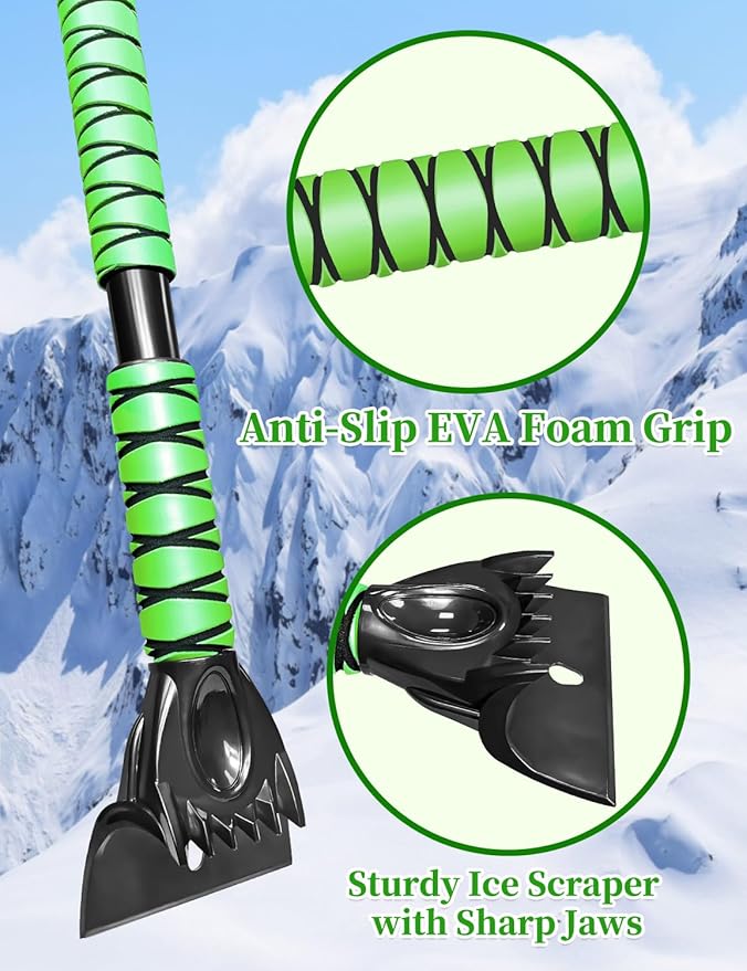 HEEYA 44 Inch Snow Brush for SUV, Ice Scraper for Car Windshield Window, Extendable Snow Scraper and Brush with Comfortable Foam Grip for Truck Vehicle Automobile - Green