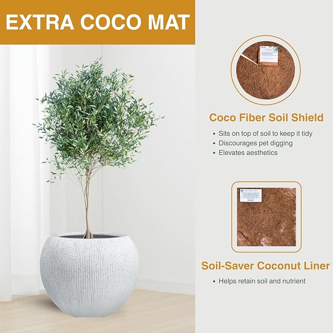 16"H x 20"D Globo Fiberstone Round Planter with Drainage Hole, Weather Resistant, Ribbed Finish, Planters for Indoor Plants & Outdoor, 2 Extra Coco Mats (Speckled White, 13.5" Pot Opening)