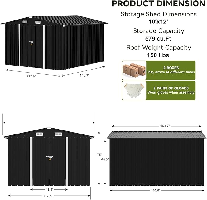 COMHOMA Shed Outdoor Storage Shed Metal,Lockable Doors Tool Sheds with Sloping Roof,Steel Garden Shed with Air Vent for Backyard,Patio,Lawn,Poolside (Grey, 10'*12')