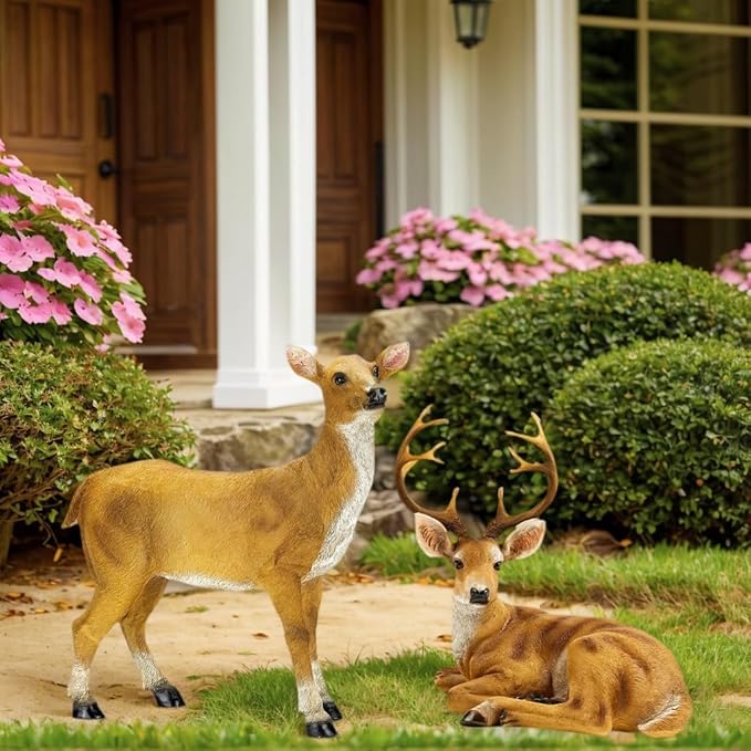 XTAPAN Resin Animals Sculpture Deer Statue Lying Male Deer and Standing Female Deer Living Room and Garden Deer Sculpture