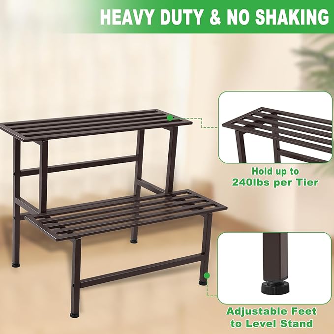 Metal Plant Stand Outdoor Plant Shelf Indoor,2 Tier Heavy Duty Ladder Plant Stands for Multiple Plants,26" L x 20.25" H x 17.75" W,Coffee