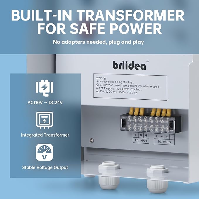 Briidea Greenhouse Roll Up Motor Timer Controller, 7-Day Programmable, AC110V to DC24V Transformer, Auto/Manual Modes, Dual Output for Side & Roof Curtain Film Roll-Up, IP65 Waterproof