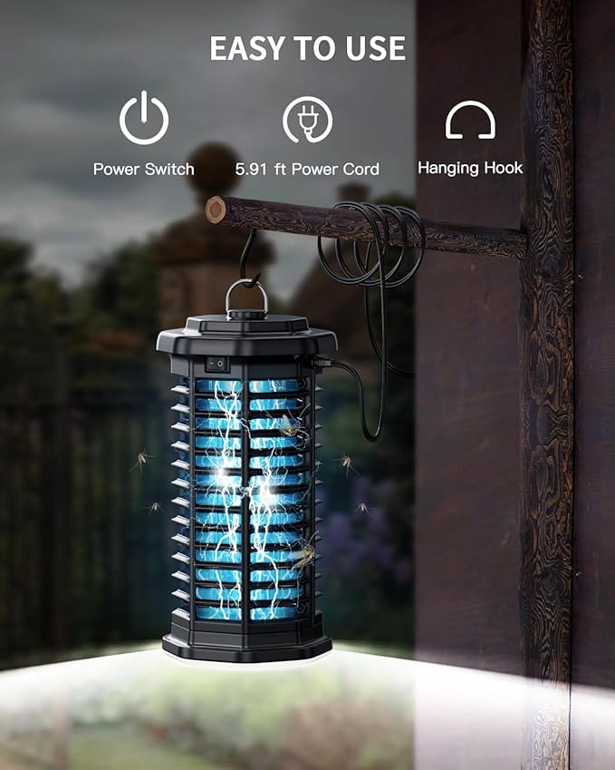 Minimoon Bug Zapper Outdoor 4000V Powerful Electric Mosquito Zapper, 15w Fly Trap Outdoor, IPX4, Corded Fly Zapper for Indoor, Yard, Backyard, Patio, Camping (Black with LED Lighting)