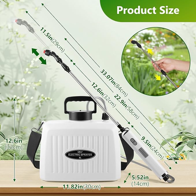 Electric Sprayer, Battery Powered Sprayer 8L/2 Gallon, with 3-Adjustable Nozzles, Retractable Wand, Rechargeable Handle & Adjustable Shoulder Strap, Suitable for Garden, Lawn & Cleaning.