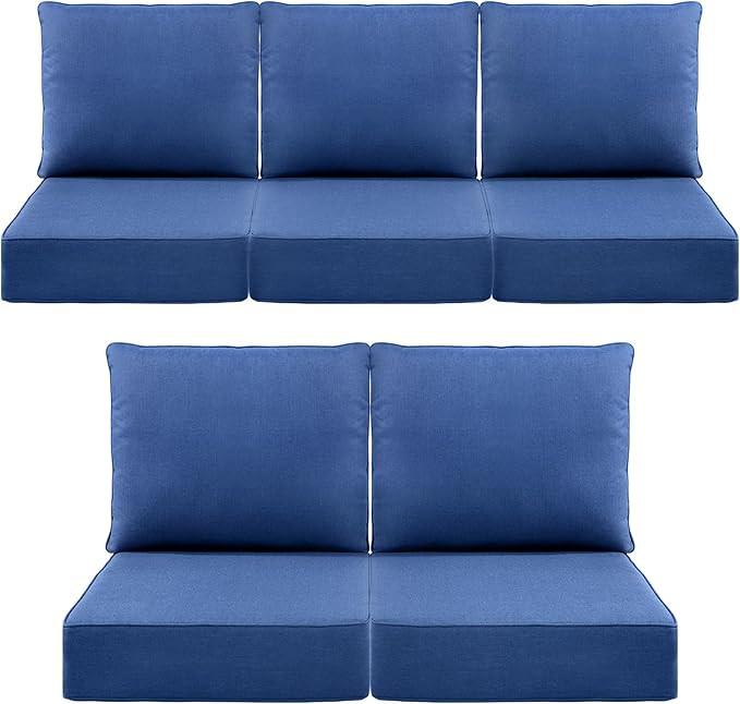 Luxury 6" Outdoor Cushions for Patio Furniture, 24x24x6 Thick Seat Cushion Set of 5, Fade Resistant Couch Chair Replacement Cushions High Density Deep Wicker Chair Cushion w/Removable Cover, Blue