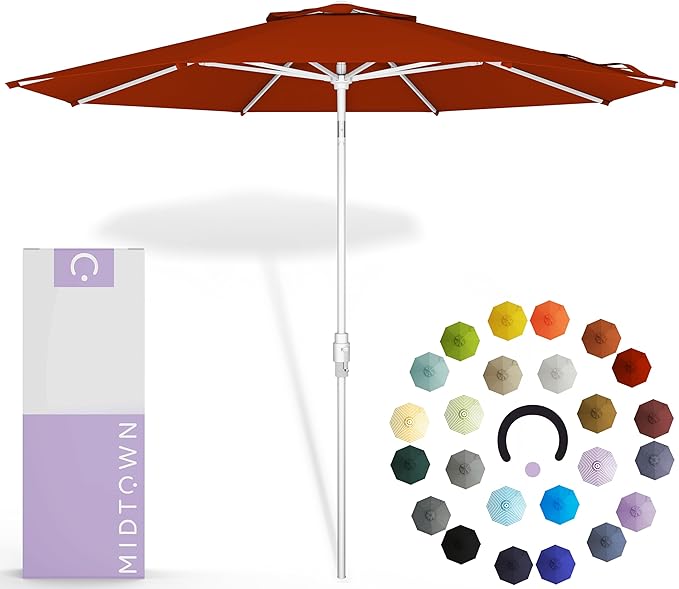 Midtown Umbrellas The Swilt 9 Feet Patio Umbrella in Terylast Apple (Red) Polyester Fabric - Fiberglass Ribs, Auto-Tilt Aluminum Frame For Backyard, Deck, Garden, Pool - White Pole