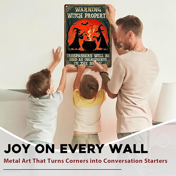 Witch Property Warning Vintage Sign Halloween Witch Metal Tin Sign for Home Bar Kitchen Hotel Dining Room Coffee 12x16inch