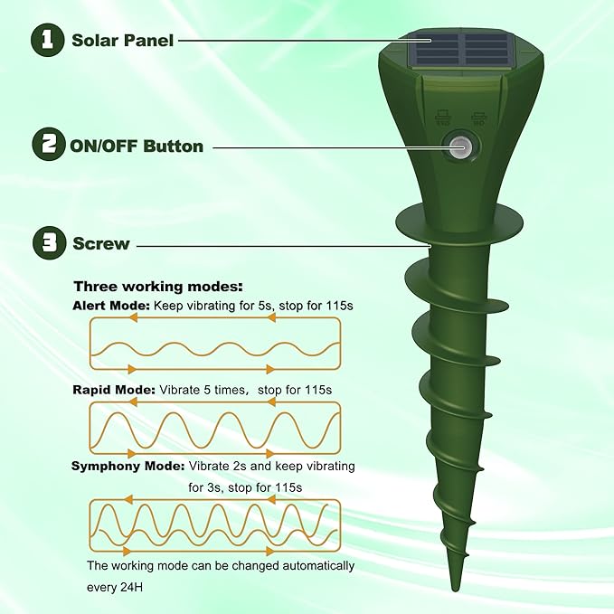 4 Packs Solar Mole Repellers, Gopher Deterrent Device with Vibrating Motor & Spiral Drill Ground Stake, IP65 Waterproof Lawn Garden Yard Pest Repellents Driving Away Vole Groundhog Snakes