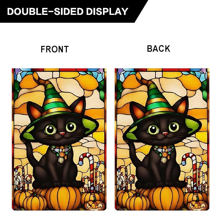 Wizard Cat Garden Flag Halloween Cute Black Cat Stained Glass Style Small Flag for Outside Pumpkin Burlap Double Sided Welcome Yard Lawn Decor 12.5x18"