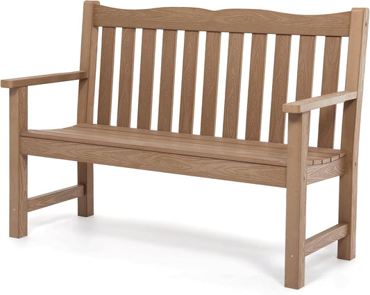Outdoor Bench, 2-Person Poly Lumber Garden Bench, All-Weather Outside Bench with 800 lbs Weight Capacity, Never Rot or Fade, Looks Like Real Wood, Teak