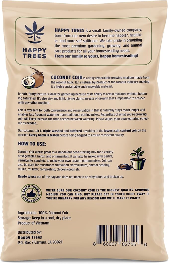 Happy Trees Coco Coir Loose Coconut Fiber Growing Medium, Potting Mix, Seed-Starting, Premium Quality, Triple-Washed for Low Salt/EC, pH Balanced, Peat-Free, OMRI Organic, 50L (1.8 cu.ft.)