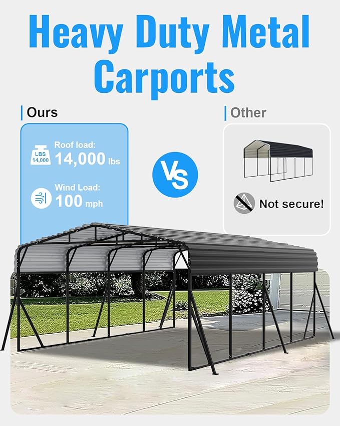 2 Car Carports 20X20 Heavy Duty, Metal Carport with Reinforced Frame & Side Support Poles for All-Weather, Large Outdoor Car Port Suitable for Parking Pickup, Boat, Car, and Tractor