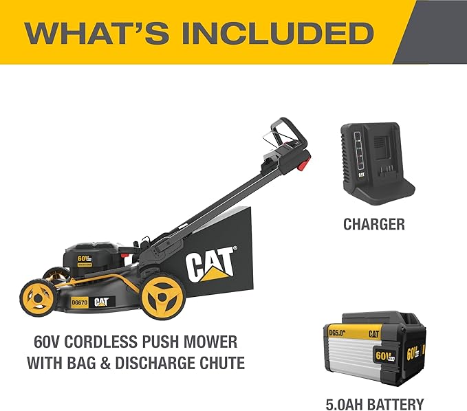 Cat DG670 60V 21" Cordless 3-In-1 Cutting Modes, Brushless Push Lawn Mower with TorqLogic - Battery & Charger Included