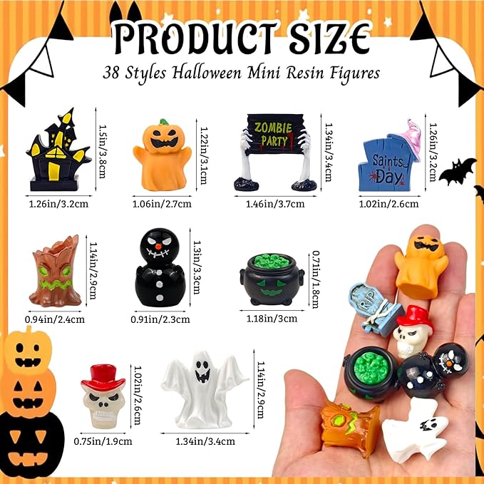 38 Pcs Halloween Mini Resin Figures Tiny Little Pumpkin Ghost Skull Miniature Figurines Bulk for Halloween Party Micro Landscape Fairy Garden Decor