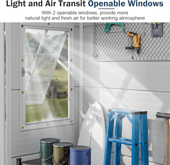 8x6 FT Resin Storage Sheds with Floor and Adjustable Openable Windows, Large Waterproof Garden Sheds with Base, Outside Plastic Sheds with 2 Windows for Backyard Garden Patio Lawn Tools Storage, Gray