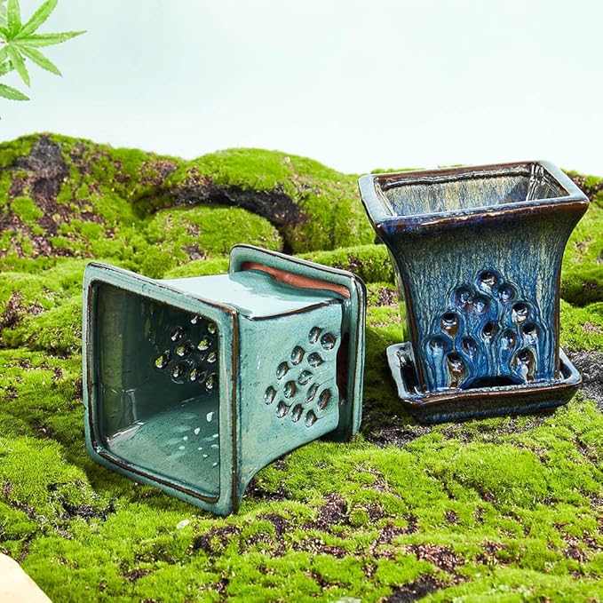 Ceramic Orchid Pots with Holes attached Saucers 4.8 Inches - Set of 2 Small Square Orchid Pots for Repotting, Decorative Ceramic Orchid Planter with Hole for Healthy Root Growth Blue and Green