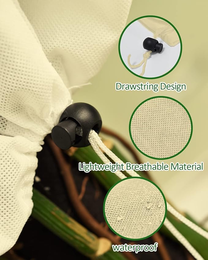 EAONE 12 Pack Plant Covers Freeze Protection, 24x32'' Winter Frosts Cloth for Outdoor Plants, Reusable Frost Blankets Drawstring Bags for Cold Freeze Sun Protection Bird Insect Prevention,Beige