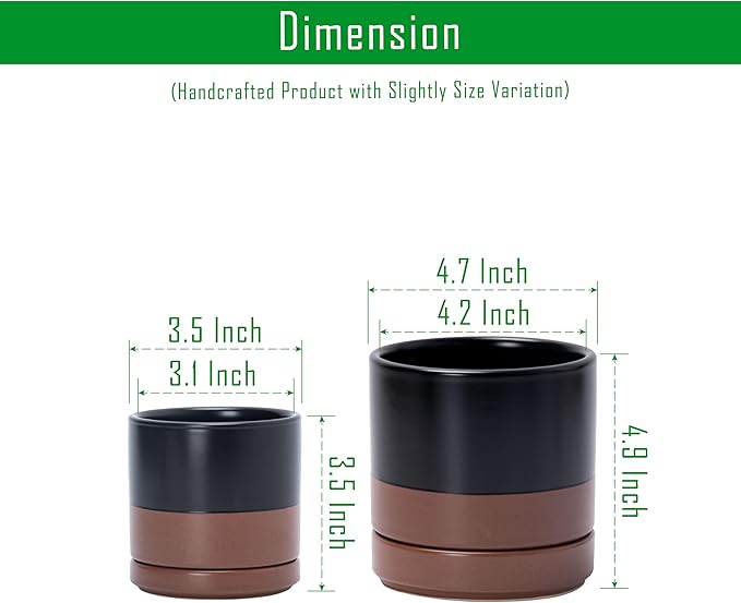 D'vine Dev 3.5 Inch & 4.7 Inch Ceramic Planter Pots for Plants with Drainage Hole and Saucer, X-Small Plant Pots Set, Black/Speckled Tan, 94-G-XS-7