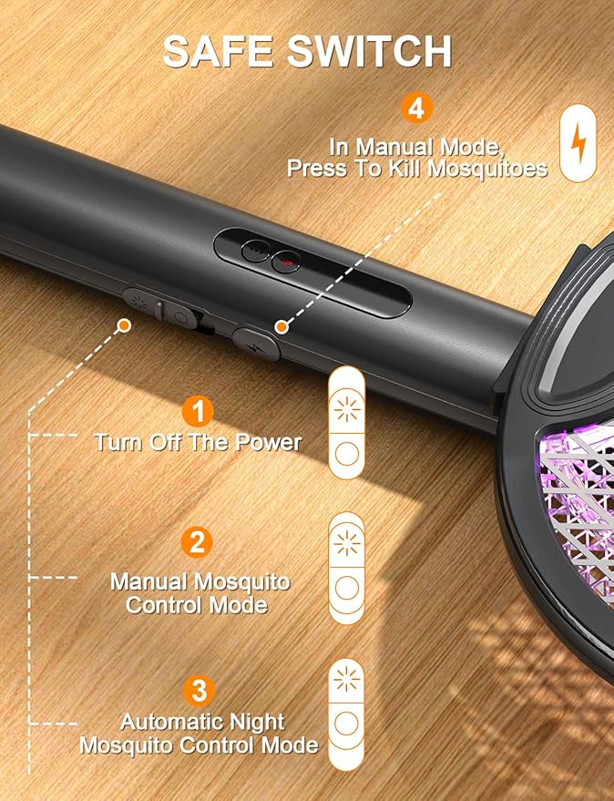 Electric Fly Swatter Foldable Bug Zapper Racket with 4000V 1800mAh Rechargeable Battery 5-Layer Safety Mesh Dual Modes with Mosquito Light Suitable for Indoor or Outdoor Use(Black)