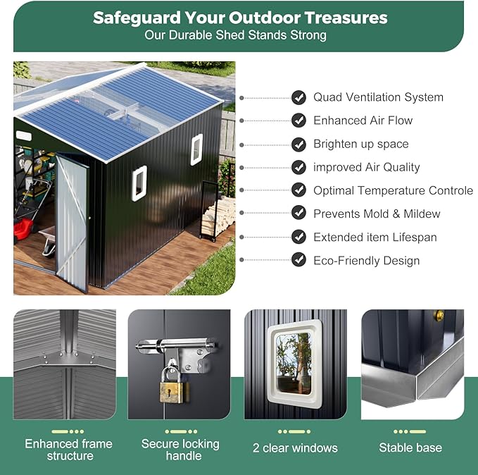 10x12 Metal Shed with Floor Frame Kit & Reinforced Construction - Translucent Roof Panels for Natural Light, Lockable Doors,Vents,Windows, Weatherproof Garden/Backyard/Patio Outdoor Storage