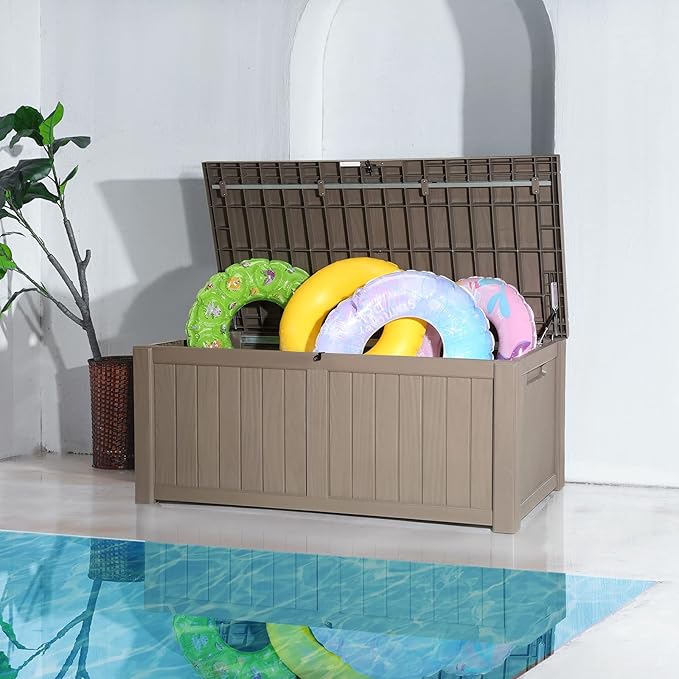 VEVOR Deck Box, 120 Gallon Outdoor Storage Box, 56.3" x 26.6" x 23.8", Waterproof PP Deckbox with Aluminum Alloy Padlock, for Patio Furniture,Garden Tools, Outdoor Cushions, Gray