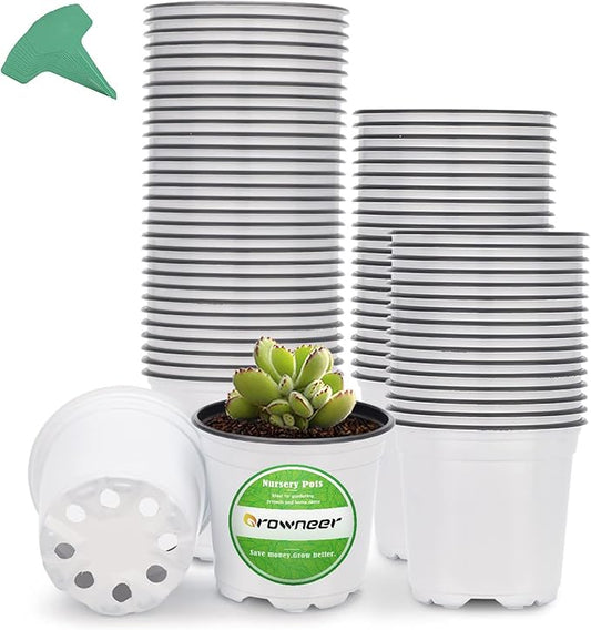 GROWNEER 60 Pack 4 Inch Thick Plastic Nursery Pots with 15 Plant Labels, White Seedling Starter Set for Indoor Outdoor Flower Planting and Garden Transplants Planter
