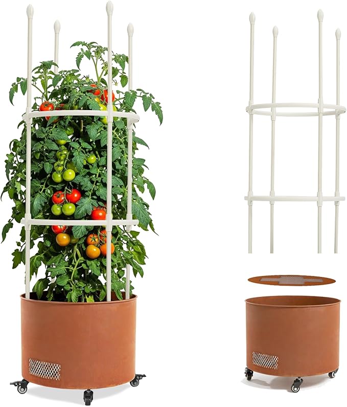 Corten Steel Planter Box with Trellis, 17” Round Patio Gardening Kit (45" Height) - Wheeled Metal Raised Bed for Tomatoes/Vines, Built-in Drainage & Weatherproof Cover