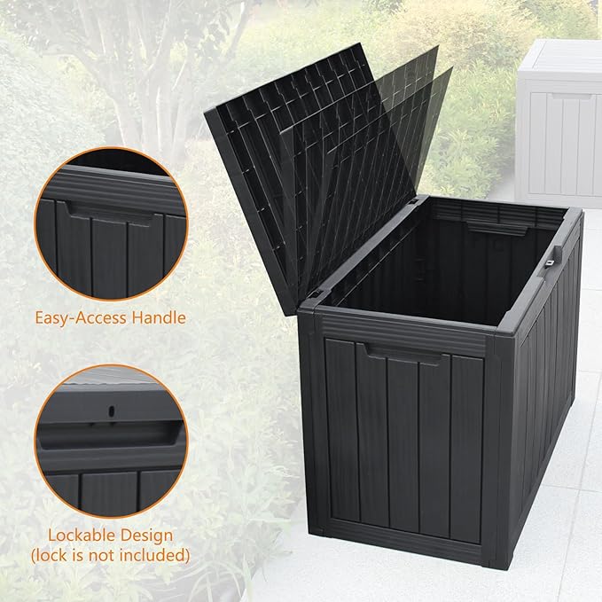 Modern-Depo 45 Gallon Waterproof Storage Deck Box Patio Furniture Organization Container with Lockable Lid, PP Outdoor Side Table for Garden, Yard, Poolside, Black